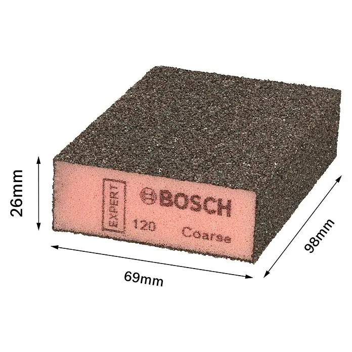 Bosch Professional Expert Schleifschwamm S471 - Grob, 1 Stk., L x B x H: 96 x 69 x 26 mm - Nahaufnahme eines Bosch Schleifklotzes Expert 120 Coarse mit Größenangaben.