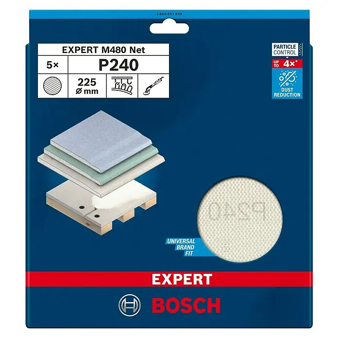 Bosch Expert Schleifgitter-Set M480 - Körnung: 240, Durchmesser: 225 mm, 5 Stk. - Das Bild zeigt die Verpackung von Bosch EXPERT M480 Net Schleifscheiben P240, 5 Stück, Durchmesser 225 mm, mit Staubreduktion.