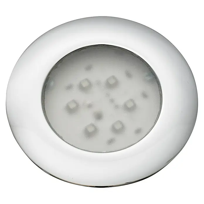 Ottofond Whirlpool Tampa135 x 135 cm, Sanitäracryl, Weiß, Exklusiv - Nahaufnahme einer runden LED-Einbauleuchte mit Chromrahmen und mattierter Abdeckung, ideal für moderne Innenräume.