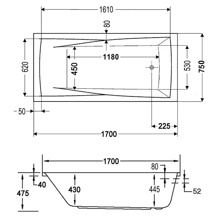 Ottofond Whirlpool Santos - 170 x 75 cm, Sanitäracryl, Weiß, Komfort - Technische Zeichnung einer Badewanne mit Maßen. Die Skizze zeigt die Abmessungen für Installation und Design.