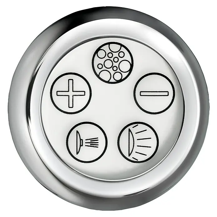Ottofond Whirlpool Odessa - 148 x 148 cm, Sanitäracryl, Weiß, Exklusiv - Nahaufnahme einer runden, silbernen Lampe mit fünf verschiedenen Lichtmodussymbolen auf weißem Grund.