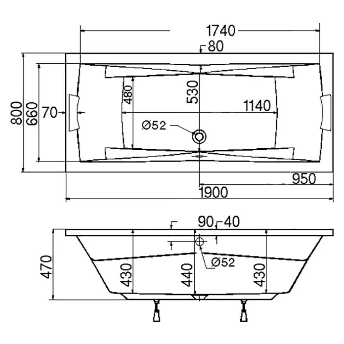 Ottofond Whirlpool Santos Duo - 190 x 80 cm, Sanitäracryl, Weiß, Komfort - Draufsicht und Seitenansicht einer Badewanne mit detaillierten Maßangaben, einschließlich Länge, Breite und Höhe.