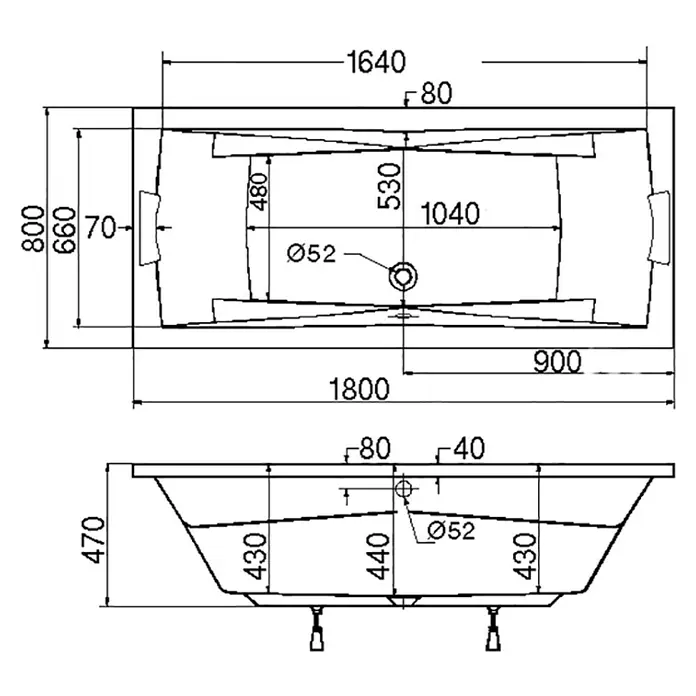 Ottofond Whirlpool Santos Duo - 180 x 80 cm, Sanitäracryl, Weiß, Komfort - Technische Zeichnung einer Badewanne mit Maßen für die Installation, Draufsicht und Seitenansicht zur einfachen Montage.