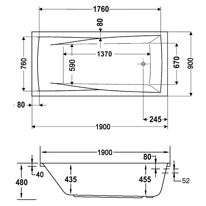 Ottofond Whirlpool Santos - 190 x 90 cm, Sanitäracryl, Weiß, Premium - Technische Zeichnung einer Badewanne mit verschiedenen Maßangaben.
