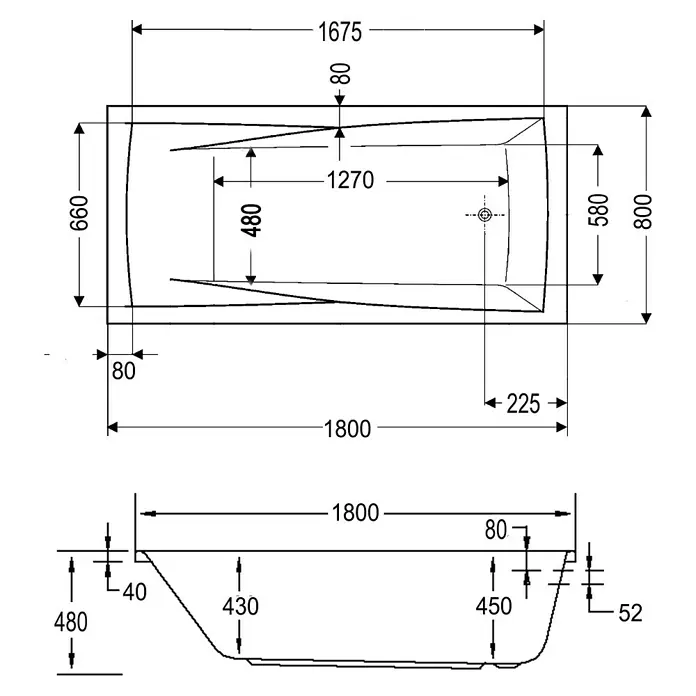 Ottofond Whirlpool Santos - 180 x 80 cm, Sanitäracryl, Weiß, Exklusiv - Schema der Badewanne mit Bemaßung, das Design und Größe des Produkts hervorhebt.