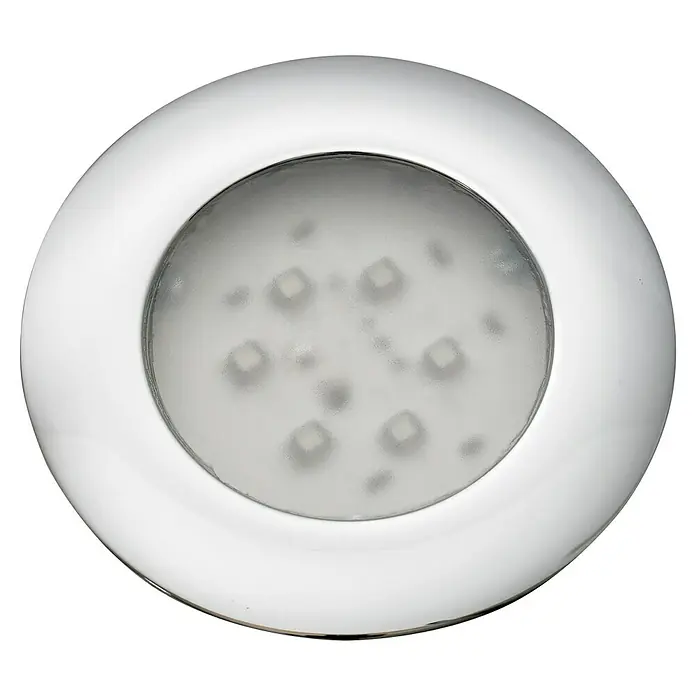 Ottofond Whirlpool Odessa - 148 x 148 cm, Sanitäracryl, Weiß, Exklusiv - Nahaufnahme einer runden LED-Deckenleuchte mit Chromrand und diffusem Glas.