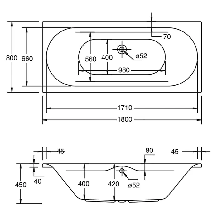 Ottofond Whirlpool Bali - 180 x 80 cm, Sanitäracryl, Weiß, Exklusiv - Abbildung der Badewanne mit Maßen.