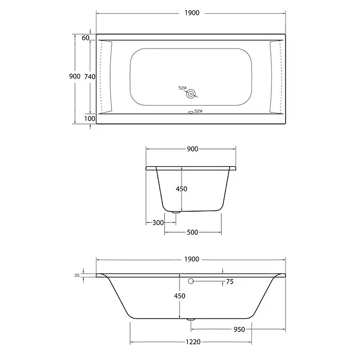 Ottofond Badewannen-Set Palermo - L x B: 190 x 90 cm, Sanitäracryl, Weiß, Mit Badewannenfuß - Technische Zeichnung einer Badewanne mit Bemaßungen, Draufsicht und Seitenansicht zur detaillierten Produktinformation.