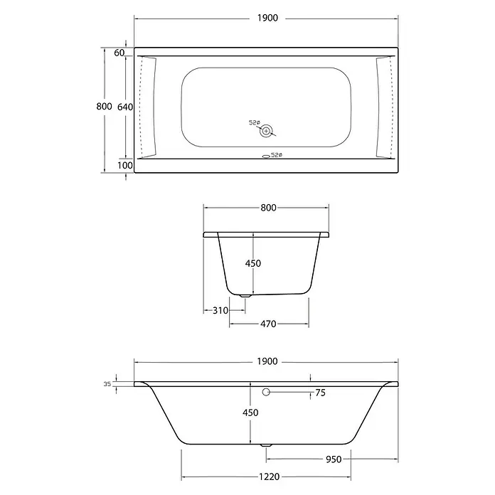 Ottofond Badewannen-Set Palermo - L x B: 190 x 80 cm, Sanitäracryl, Weiß, Mit Badewannenfuß - Technische Zeichnung einer rechteckigen Badewanne mit Maßen. Ideal für Badplanung und Renovierung.