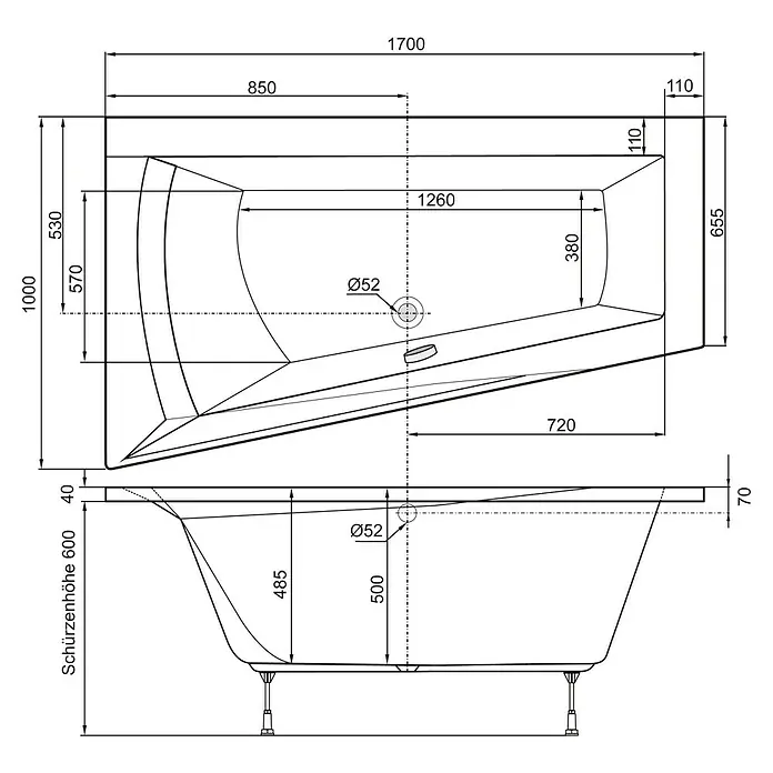 Ottofond Whirlpool Cebu 1 - 170 x 100 cm, Sanitäracryl, Weiß, Exklusiv, Linksseitig - Technische Zeichnung einer Badewanne mit Maßen, Draufsicht und Seitenansicht.