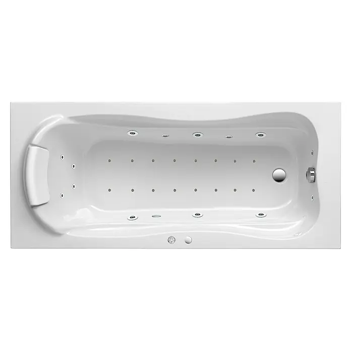 Ottofond Whirlpool Domingo - 180 x 80 cm, Sanitäracryl, Weiß, Exklusiv - Detaillierte Aufnahme einer weißen Jacuzzi-Badewanne mit zahlreichen Düsen und Armaturen für ein luxuriöses Badeerlebnis.