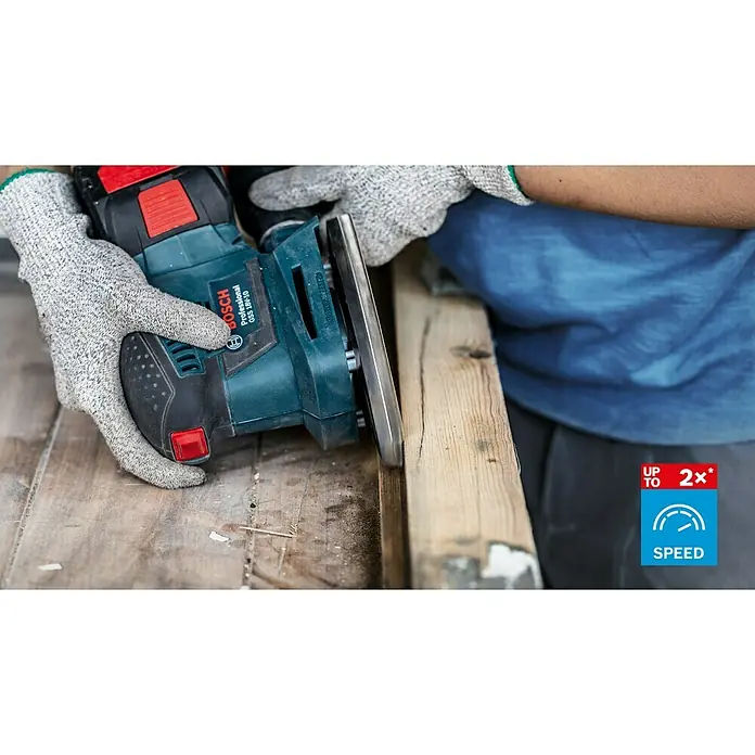Bosch Expert Schleifblätter-Set C470 - L x B: 133 x 80 mm, 10 -tlg. - Nahaufnahme eines Bosch GSS 18V-10 Akku-Flächenschleifers beim Bearbeiten eines Holzrahmens.