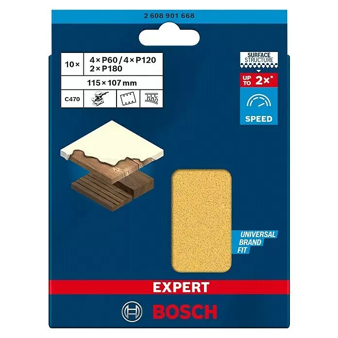 Bosch Expert Schleifblätter-Set C470 - L x B: 115 x 107 mm, 10 -tlg. - Bosch EXPERT Schleifblatt-Set, 10 Stück P60, P120, P180 Körnung, 115x107mm, für Multischleifer.