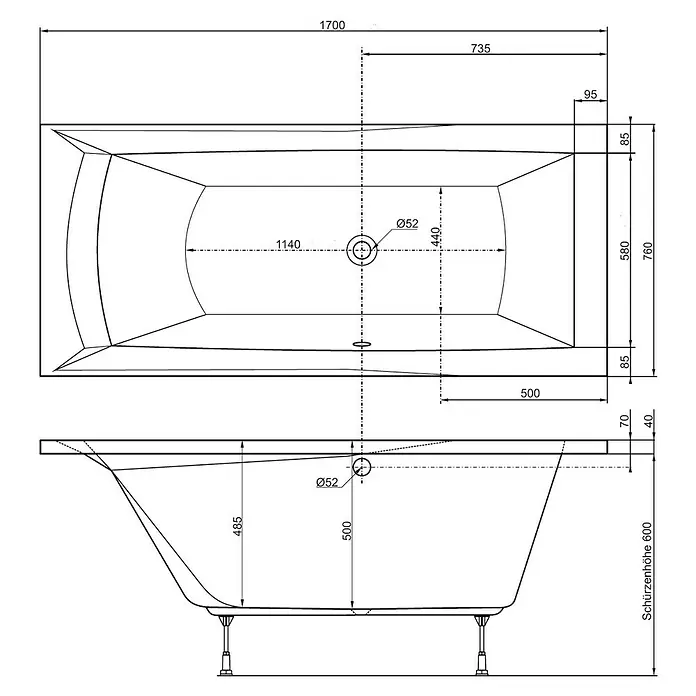 Ottofond Whirlpool Tacoma - 170 x 75 cm, Sanitäracryl, Weiß, Komfort - Technische Zeichnung einer rechteckigen Badewanne mit Maßen für Installation und Design, inklusive Ablaufposition und Wannenhöhe.