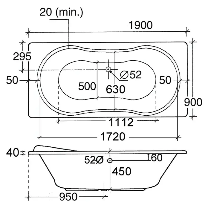 Ottofond Whirlpool Savona - 190 x 90 cm, Sanitäracryl, Weiß, Exklusiv - Eine technische Zeichnung einer Badewanne mit verschiedenen Maßangaben, die die Abmessungen und Details des Produkts zeigen.