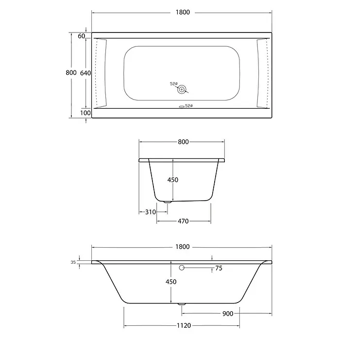 Ottofond Badewannen-Set Palermo - L x B: 180 x 80 cm, Sanitäracryl, Weiß, Mit Badewannenfuß - Eine detaillierte Zeichnung einer Badewanne mit Maßangaben zu Länge, Breite und Tiefe für Installationszwecke.