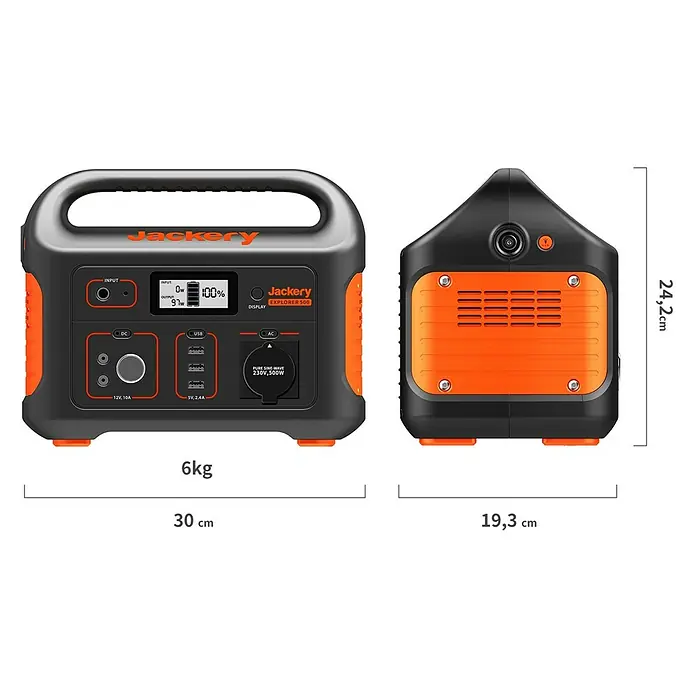 Jackery Estación de energía portátil Explorer 500 Pro EU - 500 Wh, Negro, 24 Ah - Imagen de un Jackery Explorer 500, una estación de energía portátil con una capacidad de 500 vatios-hora, junto con dimensiones y peso.