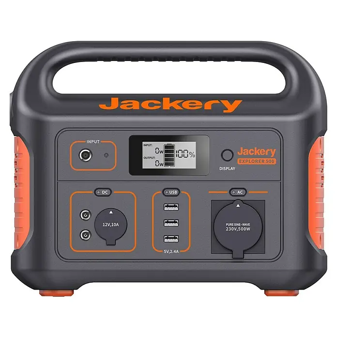 Jackery Estación de energía portátil Explorer 500 Pro EU - 500 Wh, Negro, 24 Ah - Imagen de una estación de energía Jackery Explorer 500 con varios puertos y una pantalla para monitorear el consumo de energía.