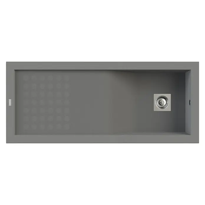 Carea Einbauspüle Vague - 118 x 50 cm, Betongrau, Material Spüle: CAREAlith® - Hier ist eine graue Spüle mit einem quadratischen Abfluss in einer modernen Küche, ideal für zeitgemäßes Design.