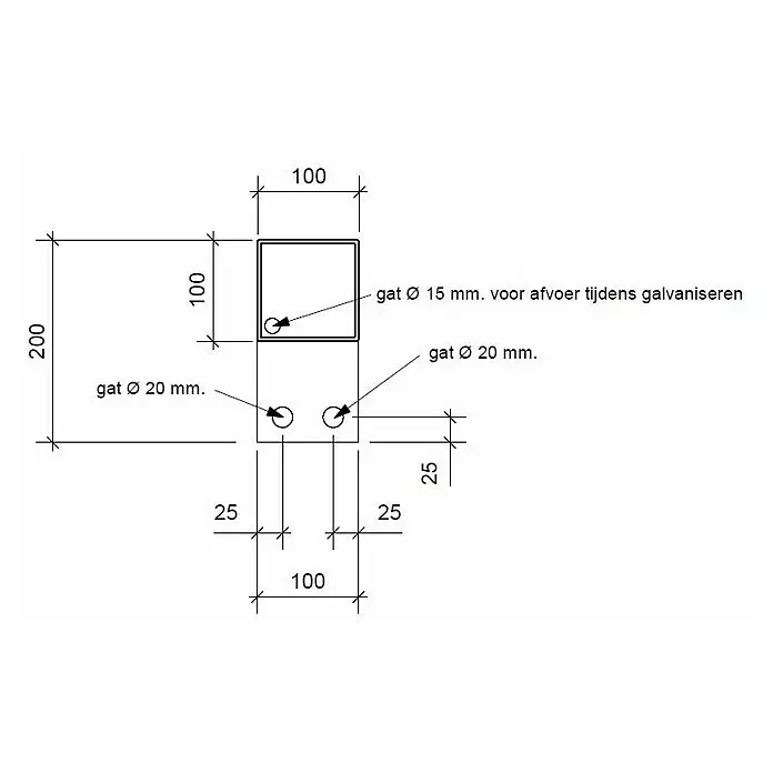 Gardendreams Bodenanker - Zwischenpfosten, Passend für: Aluminiumpfosten 11 × 11 cm - Technische Zeichnung eines Stahlprofils mit 100x100 Vierkantrohr, einem Flachstahl und verschiedenen Löchern, inkl. 15mm Ablaufloch für Verzinkung.