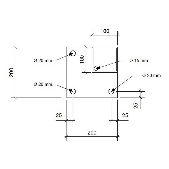 Gardendreams Bodenanker - Eckpfosten, Passend für: Aluminiumpfosten 11 × 11 cm - Technische Zeichnung eines 200x200 mm Bauteils mit 20 mm und 15 mm Bewehrungsstäben und Maßen.