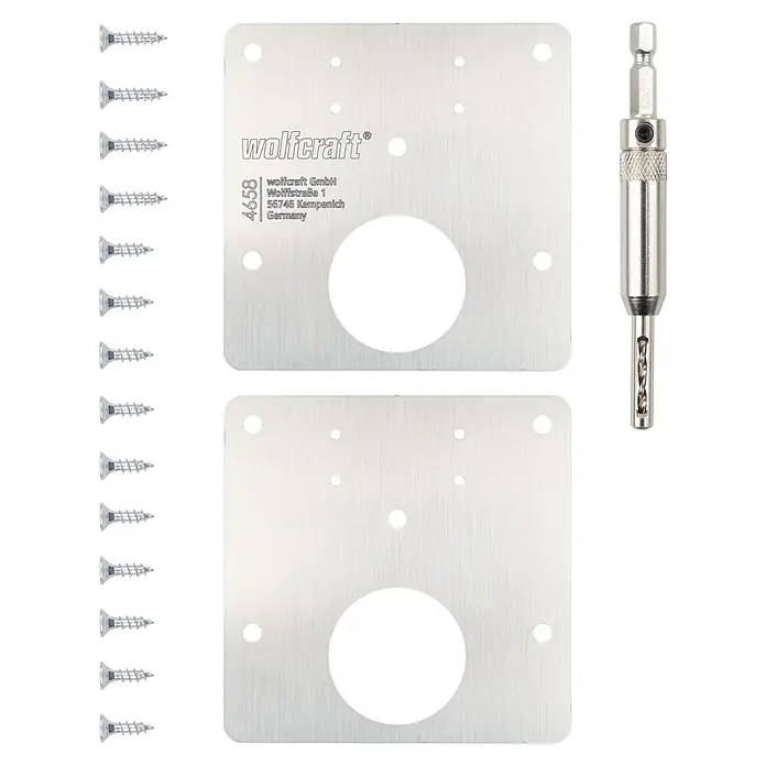 Wolfcraft Set de reparación - 17 pzs., Específico para: Bisagras ocultas - Juego de placas de montaje Wolfcraft con broca y tornillos, ideal para montaje de muebles preciso y estable. Alta calidad para proyectos de bricolaje.