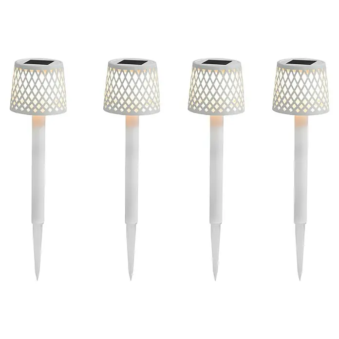 New Garden Lámpara solar Gretita - 0,5 W, Ø x Al: 9 x 39 cm, Blanco, 4 ud. - Cuatro luces solares blancas para uso exterior. Las luces tienen un patrón de diamante decorativo y una punta de tierra para una fácil instalación.