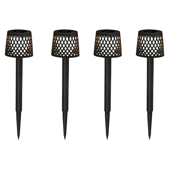 New Garden Lámpara solar Gretita - 0,5 W, Ø x Al: 9 x 39 cm, Negro, 4 ud. - En la imagen, cuatro luces solares negras para jardín, que añaden un toque decorativo al exterior. Perfectas para caminos y patios.