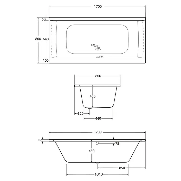 Ottofond Badewannen-Set Palermo - L x B: 170 x 80 cm, Sanitäracryl, Weiß, Mit Badewannenfuß - Technische Zeichnung einer Badewanne mit Maßen für Länge (1700 mm), Breite (800 mm) und Höhe (450 mm), ideal für Badplanung.