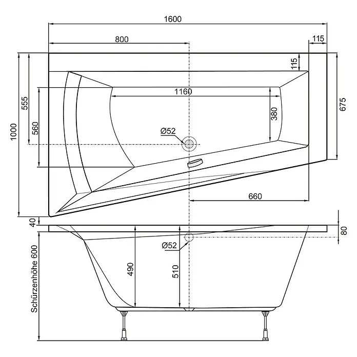 Ottofond Whirlpool Cebu 1 - 160 x 100 cm, Sanitäracryl, Weiß, Premium, Linksseitig - Technische Zeichnung einer Badewanne mit Maßen, zur Veranschaulichung der Produktdimensionen.