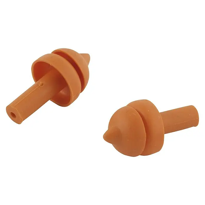 Gehörschutzstöpsel - Orange, 1 Stk. - Zwei braune Ohrstöpsel aus Gummi, die das Ohr vor Lärm schützen, wobei einer eine Öffnung hat.