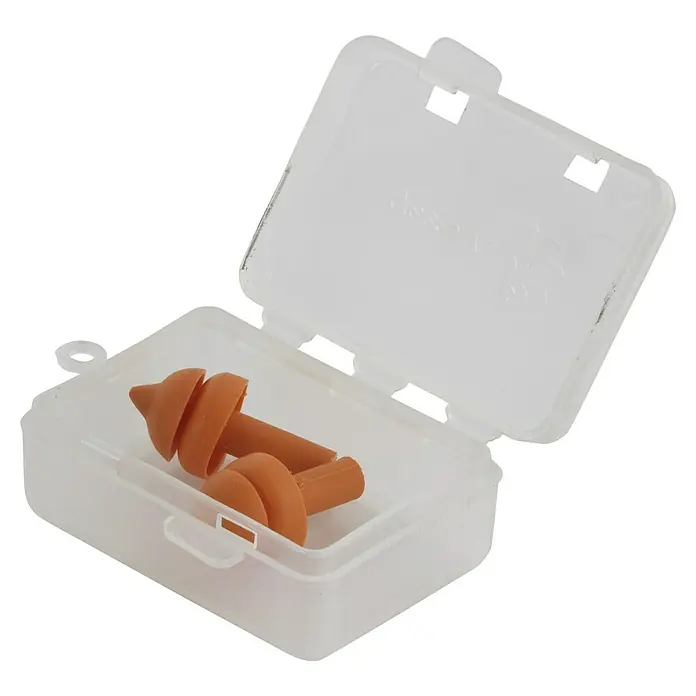 Gehörschutzstöpsel - Orange, 1 Stk. - Dargestellt sind Ohrstöpsel in einer transparenten Box, die zum Schutz vor Lärm oder Wasser verwendet werden. Sie bieten Komfort und sind wiederverwendbar.