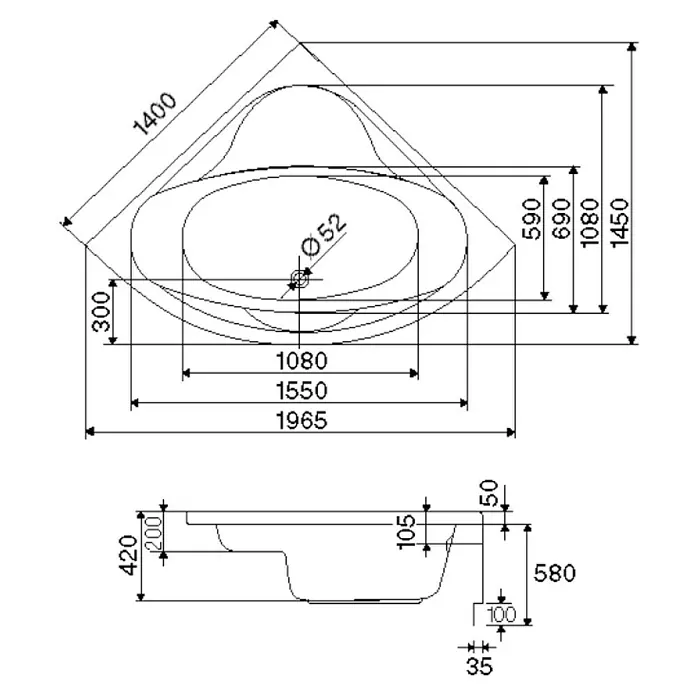 Ottofond Eckbadewannen-Set Bengasi - L x B: 140 x 140 cm, Sanitäracryl, Weiß, Mit Badewannenträger - Technische Zeichnung einer Eckbadewanne mit Maßen für Installation und Design.