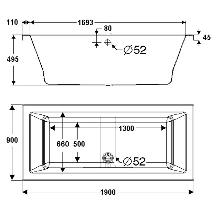 Ottofond Whirlpool Atlas 2 - 190 x 90 cm, Sanitäracryl, Weiß, Komfort - Badewanne-Plan: Technische Zeichnung mit Maßen. Ideal für Sanitär- und Badplanung.