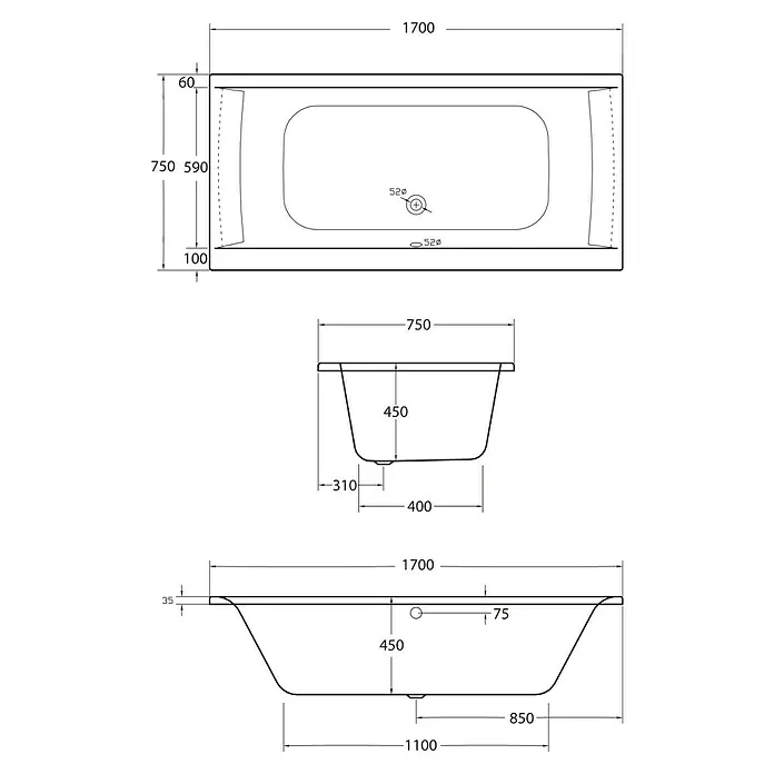 Ottofond Whirlpool Palermo - 170 x 75 cm, Sanitäracryl, Weiß, Premium - Technische Zeichnung einer rechteckigen Badewanne mit allen Maßangaben, Draufsicht, Vorder- und Seitenansicht mit den Maßen 1700 x 750 mm.