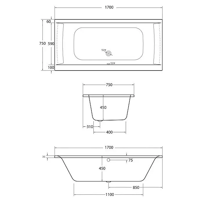Ottofond Whirlpool Palermo170 x 75 cm, Sanitäracryl, Weiß, Premium