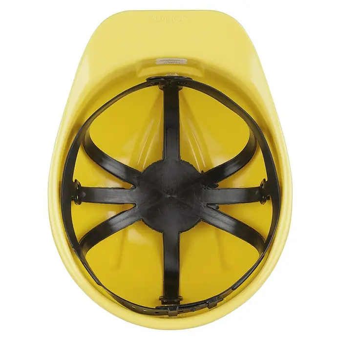 Casco de protección Kids - Amarillo - Vista interior de un casco de seguridad amarillo con sistema de suspensión negro. El casco ofrece protección y comodidad en el trabajo, fabricado en Alemania.