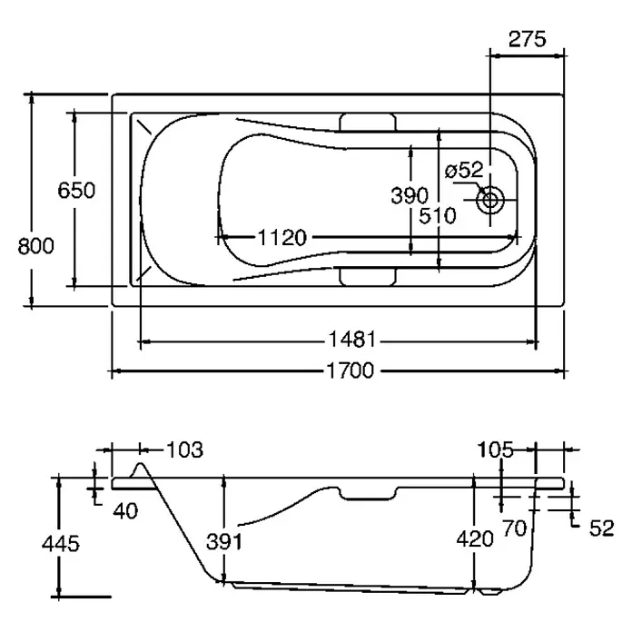 Ottofond Whirlpool Suez - 170 x 80 cm, Sanitäracryl, Weiß, Exklusiv - Technische Zeichnung einer Badewanne mit Maßen, die die Abmessungen und Details des Produkts veranschaulichen.