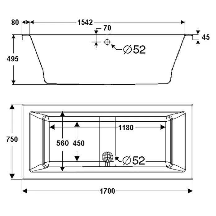 Ottofond Whirlpool Atlas 2 - 170 x 75 cm, Sanitäracryl, Weiß, Komfort - Technische Zeichnung einer rechteckigen Badewanne mit den Maßen 1700 x 750 mm und einem Ablaufdurchmesser von 52 mm.
