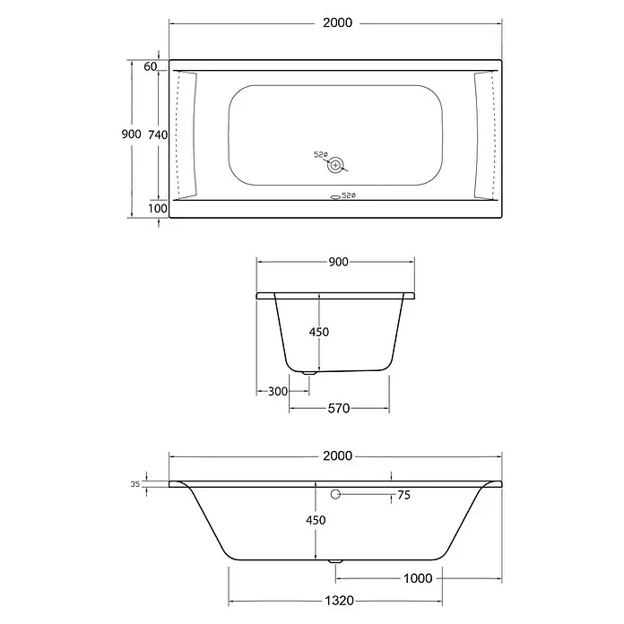 Ottofond Whirlpool Palermo - 200 x 90 cm, Sanitäracryl, Weiß, Inklusive Ab- und Überlaufgarnitur mit Wassereinlauf und Wannenrandarmatur S2000 - Abbildung einer Badewannen-Skizze mit Maßangaben, die die Abmessungen und Designmerkmale des Produkts detailliert darstellt.