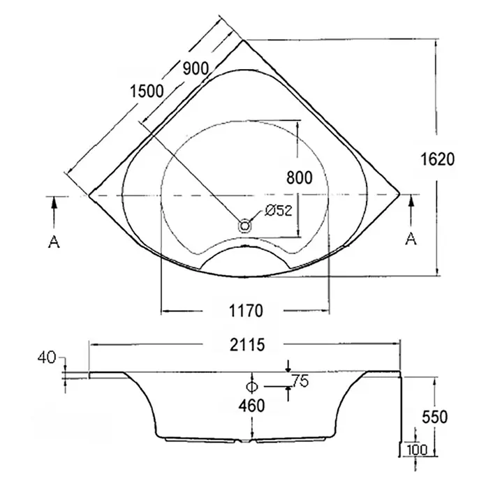 Ottofond Whirlpool Largo - 150 x 150 cm, Sanitäracryl, Weiß, Exklusiv - Technische Zeichnung einer dreieckigen Eckbadewanne mit Maßangaben zu Länge, Breite, Höhe und Durchmesser der Armatur.
