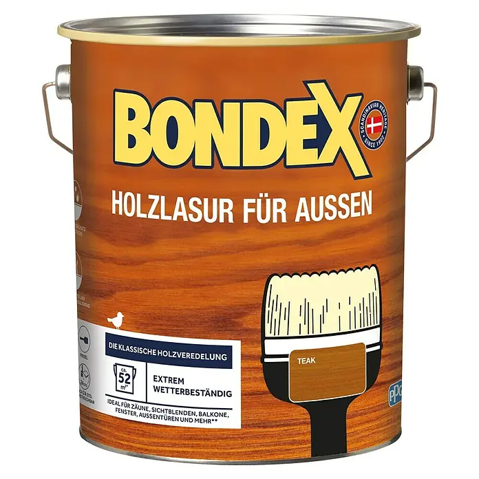 Bondex Holzlasur für Außen - Teak, 4 l, Seidenmatt - Holzlackdose Bondex Teak für den Außenbereich. Holzlasur für Zäune, Balkone, Fenster und Außentüren, extrem wetterbeständig.