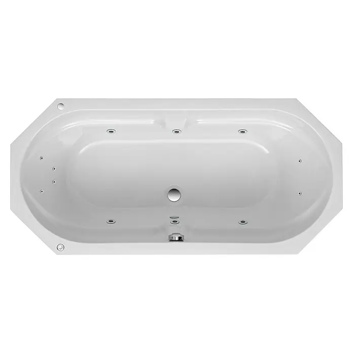 Ottofond Whirlpool Dakar170 x 75 cm, Sanitäracryl, Weiß, Komfort - Draufsicht auf eine weiße Whirlpool-Badewanne mit mehreren Düsen. Das Produkt ist für entspannende Badeerlebnisse konzipiert.