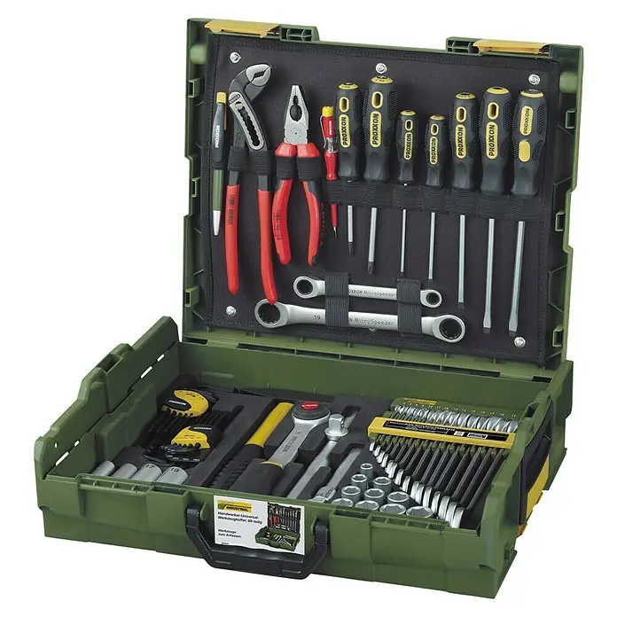 Proxxon Werkzeugkoffer - L x B x H: 44,5 x 11,8 x 35,8 cm, 69 -tlg. - Ein Proxxon Werkzeugkoffer, gefüllt mit einer Vielzahl von Werkzeugen, ordentlich in einem grünen Koffer verstaut.