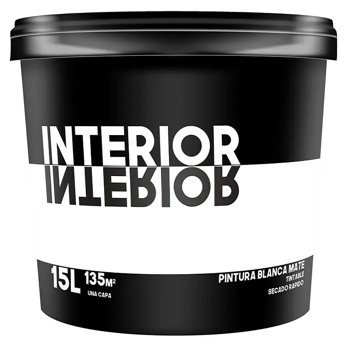 Pintura para paredes Interior - Blanco, Mate, 15 l - Cubeta negra de 15L de pintura interior, apta para 135m², con acabado mate, tintable y de secado rápido.