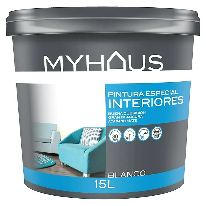 Pintura para paredes MyHaus - Blanco, Mate, 15 l - Un cubo de pintura para interiores MYHOUS, pintura especial para interiores, en blanco, con buena cobertura y un acabado mate, capacidad 15L.