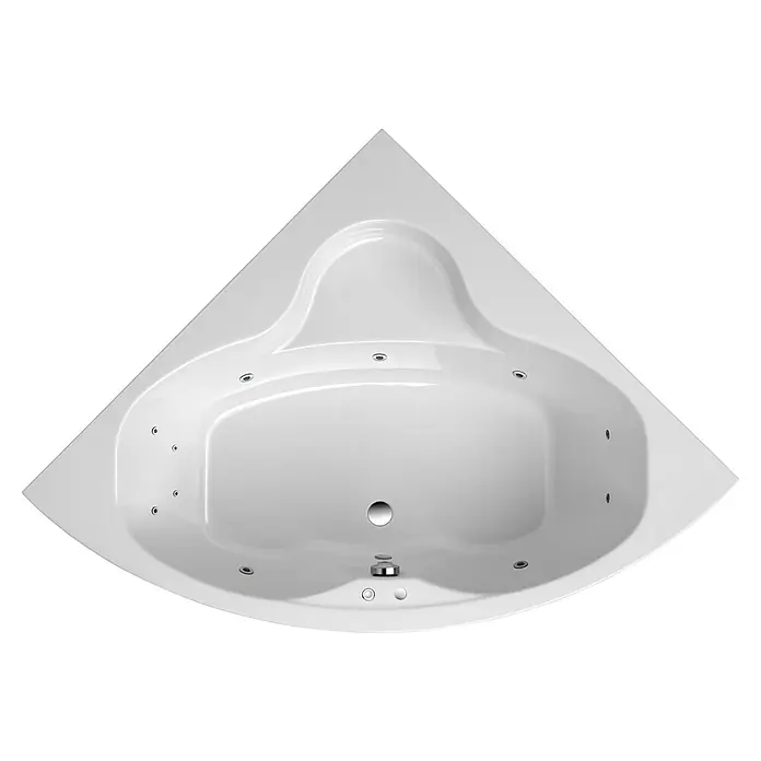 Ottofond Whirlpool Odessa148 x 148 cm, Sanitäracryl, Weiß, Komfort - Abbildung einer weißen, dreieckigen Eckbadewanne mit Hydromassage-Funktion vor schwarzem Hintergrund.