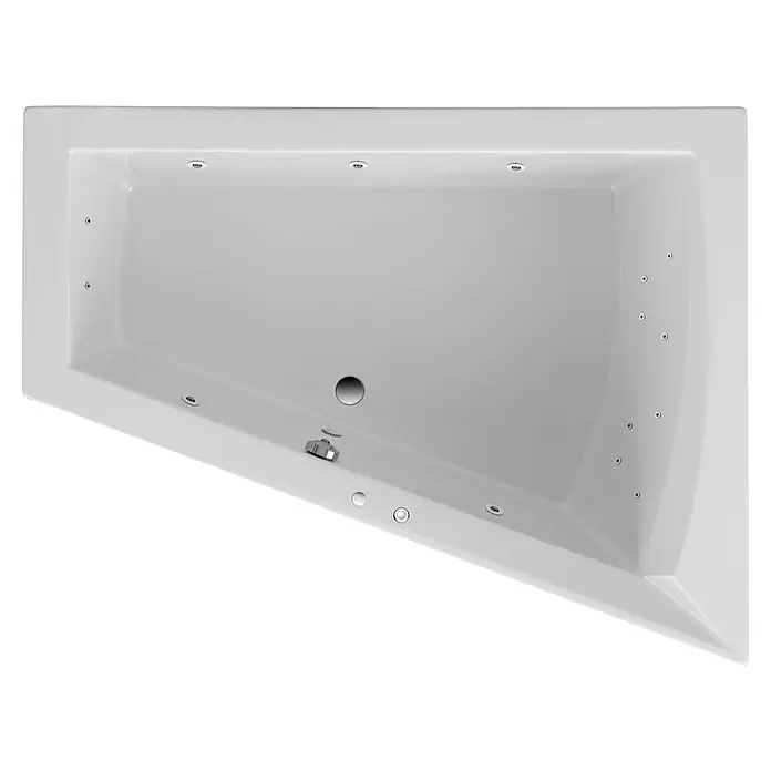 Ottofond Whirlpool Cebu 2 - 175 x 135 cm, Sanitäracryl, Weiß, Komfort, Rechtsseitig - Draufsicht einer modernen, weißen Whirlpool-Badewanne mit Düsen und Chromarmaturen, ideal für Entspannung und Wellness im Badezimmer.