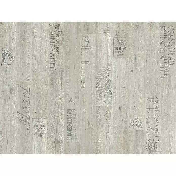 Beauflor PVC-Boden Meterware Orion - Holzoptik, Breite: 400 cm, Grau - Hellgrauer Laminatboden in Holzoptik mit Vintage-Weinmotiven und -Texten.