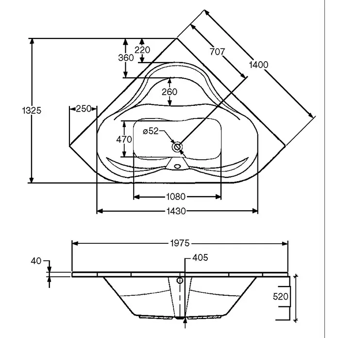 Ottofond Whirlpool Valletta - 140 x 140 cm, Sanitäracryl, Weiß, Komfort - Technische Zeichnung einer Eckbadewanne mit Maßangaben zu Länge, Breite und Höhe für Installationszwecke.